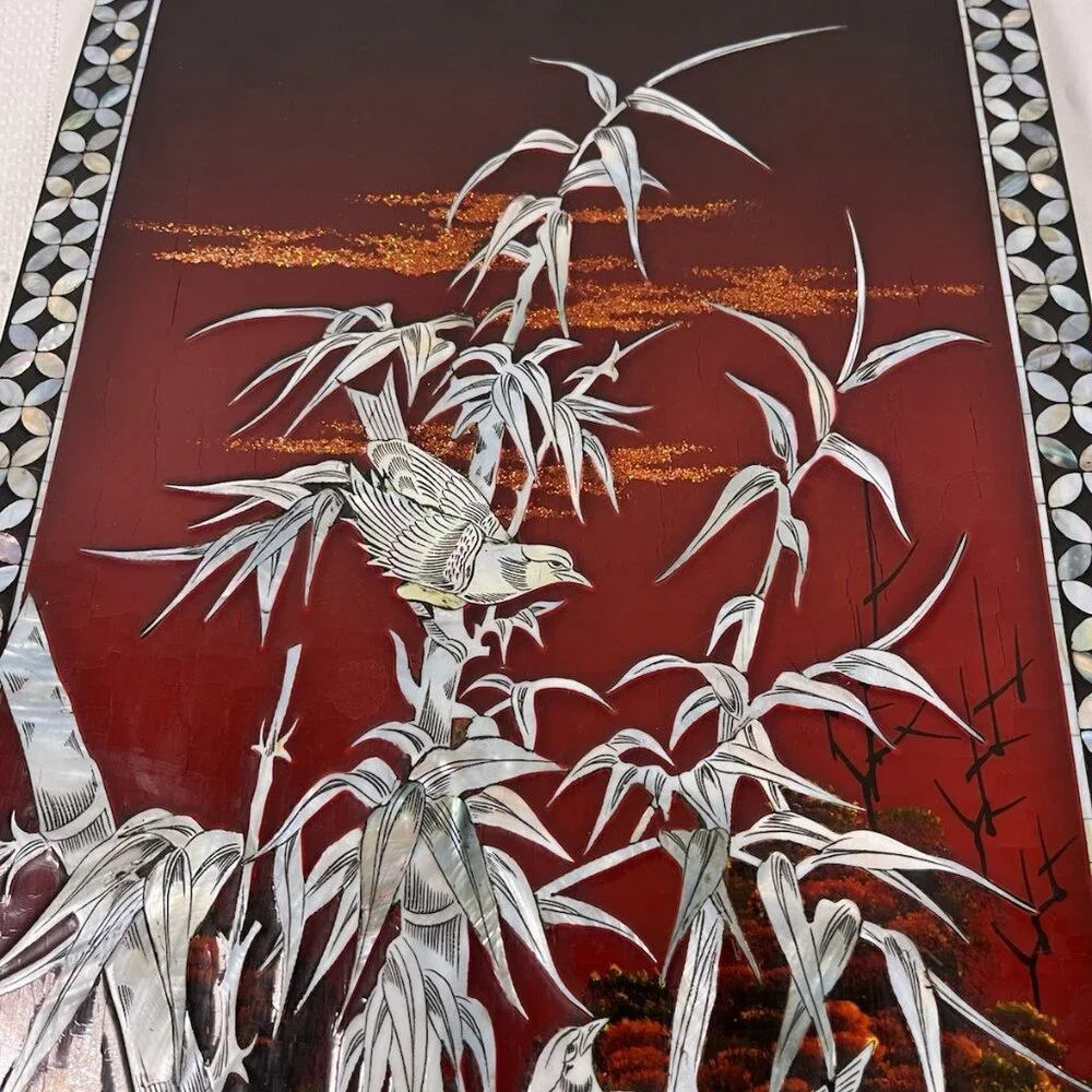 Vintage Mother of Pearl Inlay Lacquer Wall Panel Bamboo Birds Red Sunset Asian